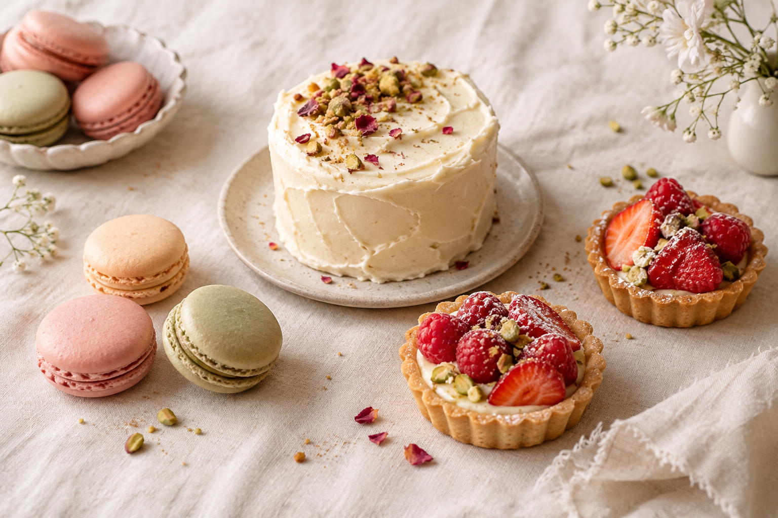 Macarons, fruit tartlets and a simple frosted cake